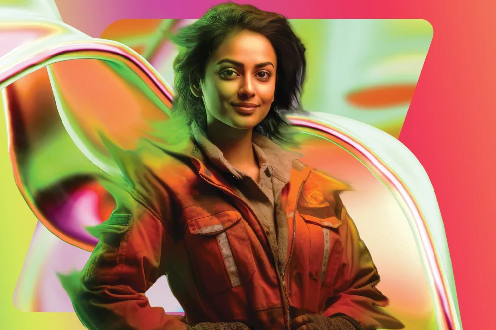 Alt text: A woman with short dark hair in an orange jacket stands confidently against a vibrant, abstract background with flowing shapes in pink, green, and white.