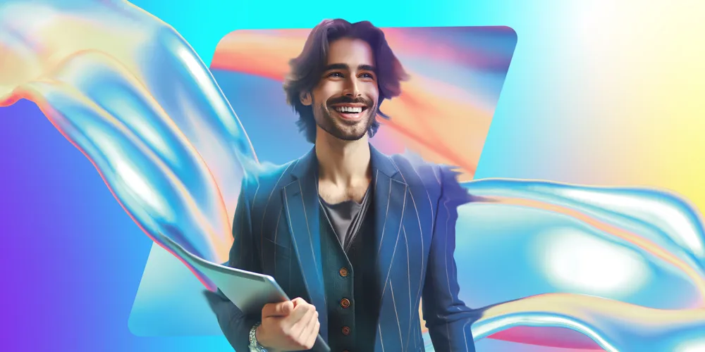 Alt text: A Man with short dark hair in a suit stands confidently against a vibrant, abstract background with flowing shapes in blue, yellow, and white.