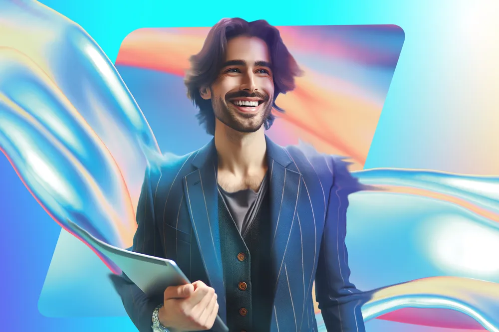 Alt text: A Man with short dark hair in a suit stands confidently against a vibrant, abstract background with flowing shapes in blue, yellow, and white.