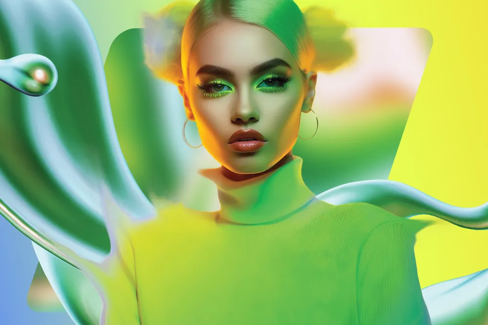 Alt text: A woman with bright blonde hair in a bright neon turtle neck with bright neon makeup confidently against a vibrant, abstract background with flowing shapes in blue, yellow, green and white.
