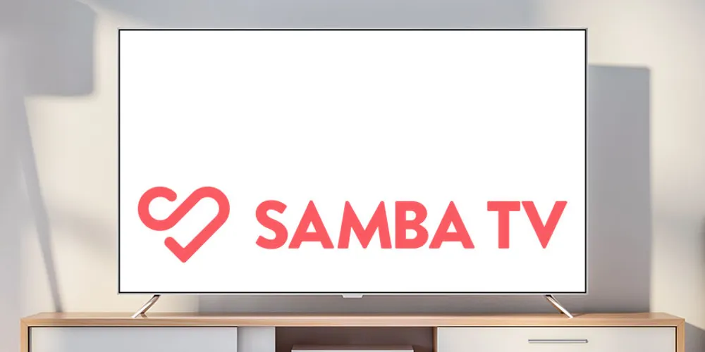 ALT Text: a plain background with the logo and brand name SAMBA TV displayed on the tv with white  behind it.