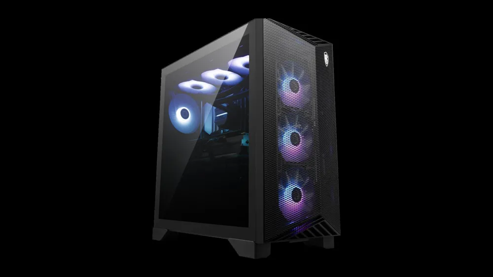 Black gaming PC with RGB-lit fans and a glass side panel.